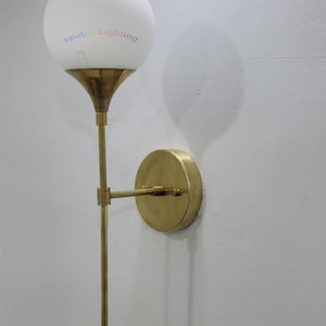 Mid Century Modern Brass Trumpet Wall Sconce: Handblown Glass Globe Light