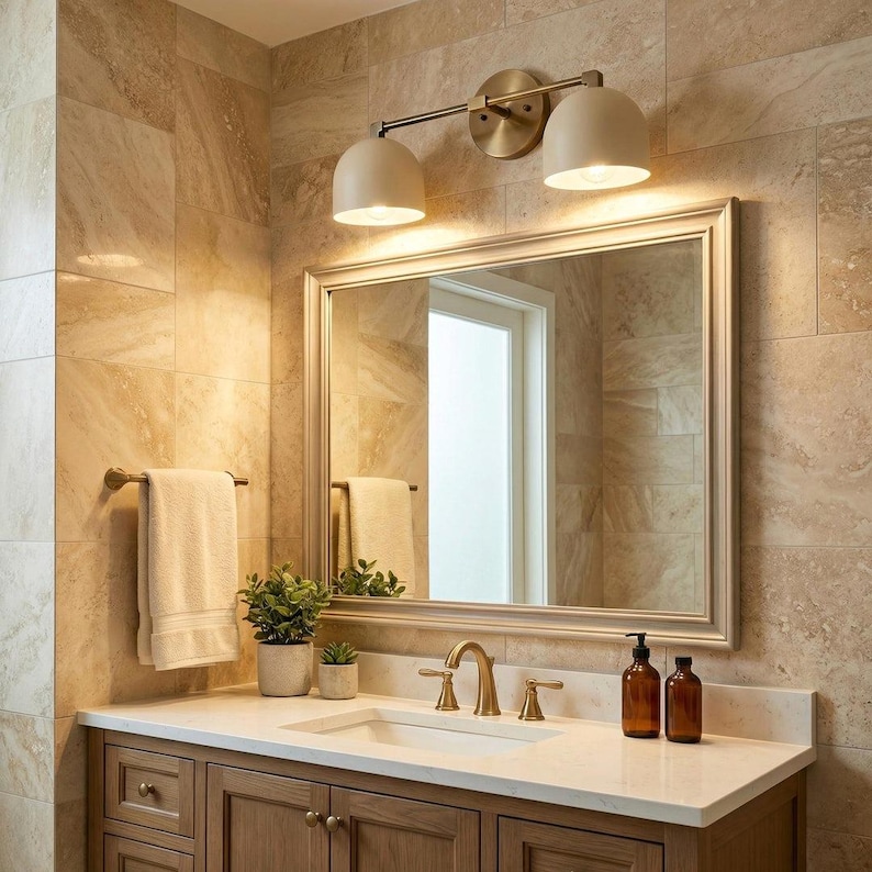 May include: A bathroom vanity with a large mirror, a double-light fixture, and a white countertop. The vanity has a wooden cabinet with a sink, faucet, and two brown glass bottles. A towel rack with a towel is on the left side.