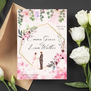 Modelo de convite de casamento floral | Convite editável do Canva | Blush boho para impressão | Download instantâneo | Cartão de convite principal de casamento faça você mesmo