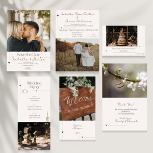 Modèle de suite de faire-part de mariage moderne Canva • Retenez la date modifiable, principal, RSVP, menu, marque-place, merci • Ensemble de mariage imprimable