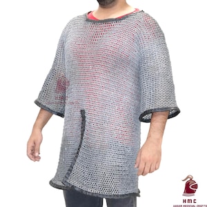 Maglia a maglia aperta sul davanti, maglia a maglia in alluminio da 10 mm, usbergo medievale, anello rotondo da 10 mm, finiture in pelle rivettata