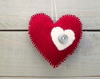 Red Wool Felt Heart Ornament - Appliqued Valentine's Day Decor