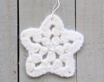 White Felted Snowflake Ornament - Small Star - Wool Felt