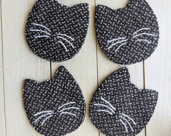 Porta-copos de feltro de lã com bolinhas pretas e brancas e bigodes de gato - Conjunto de 4 - Dupla face