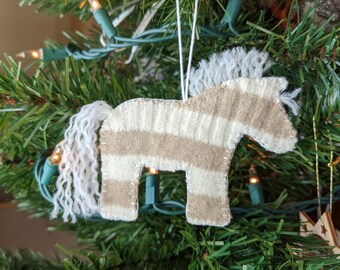 Reclaimed Wool felt horse ornament- Beige and Cream Stripe