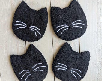 Porta-copos reversível de feltro de lã com bigodes de gato preto - conjunto de 4