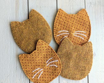Porta-copos de feltro de lã com manchas laranjas e bigodes de gato - Conjunto de 4 - Dupla face