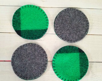Reversible Wool Felt Coasters – Green Plaid & Gray, Set of 4