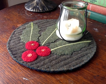 Holly Applique Wool Felt Candle Mat