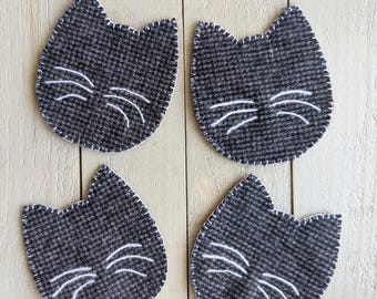 Porta-copos de feltro de lã xadrez preto e branco com bigodes de gato - conjunto de 4 - dupla face