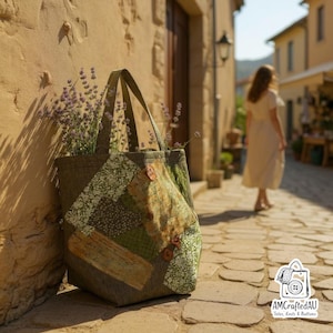 May include: A patchwork tote bag in shades of green and tan, featuring wooden buttons. The bag is filled with lavender and has strong handles. The bag is positioned against a stone wall in an outdoor setting, reminiscent of a European village.