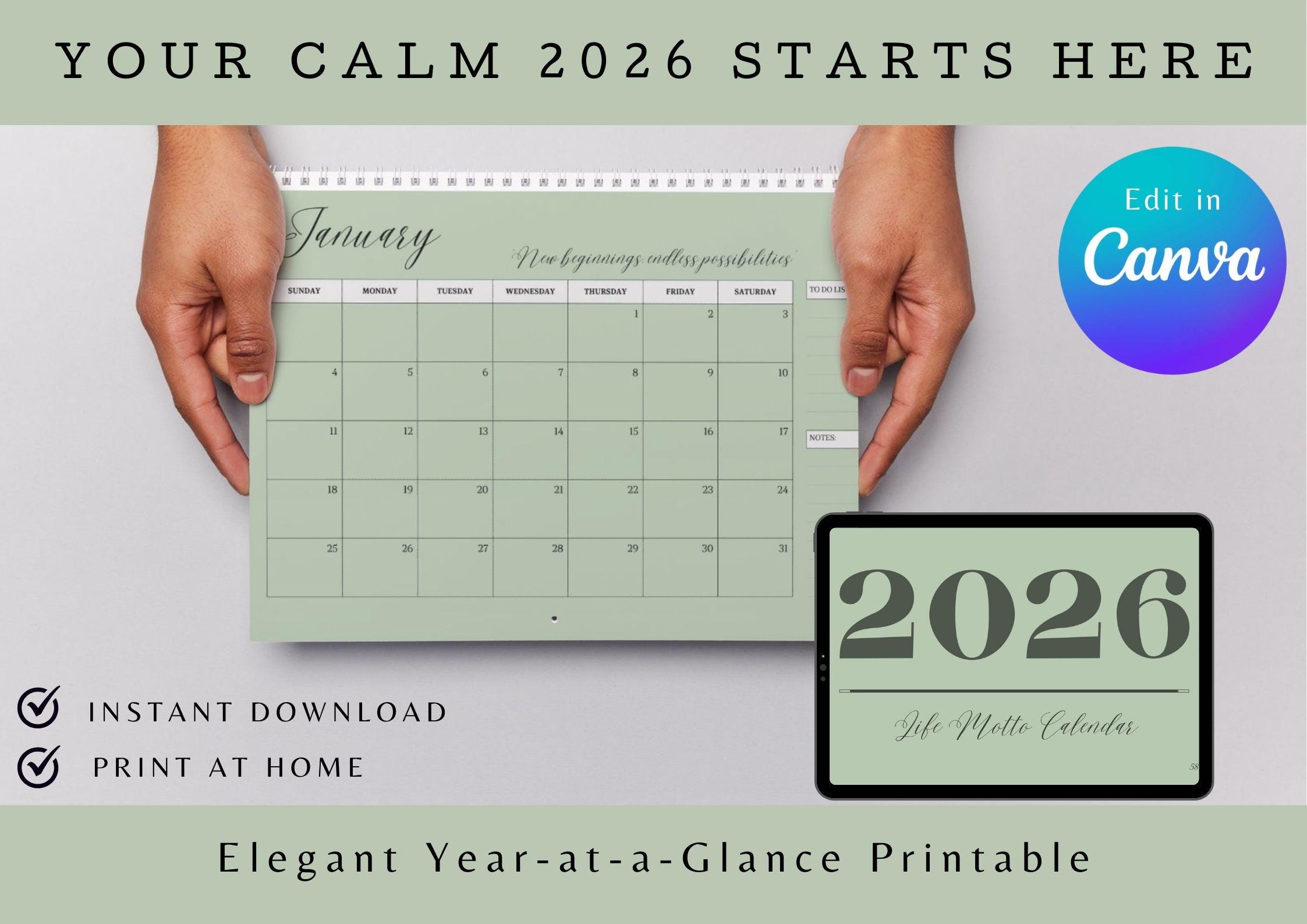 2026 Calendar Printable Monthly Wall Planner Landscape PDF Instant
