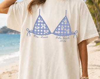 Personalized Gingham Bikini Bachelorette Shirt,Custom Mrs Beach Bach Tee,Coastal Bride Trip Shirt,Bow Bikini Graphic Tee,Bridesmaid Gift