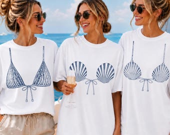 Custom Seashell Bikini Bachelorette Shirt,Personalized Coastal Beach Tee,Summer Bikini Graphic Shirt,Beach Vacation Outfit,Bride Squad Gift