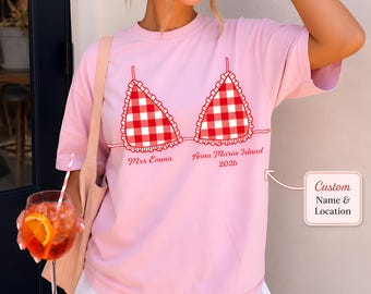 Custom Gingham Bikini Girls Trip Shirt,Personalized Beach Vacation Tee,Check Beach Besties Shirt,Girls Weekend Travel Tee,Vacation Shirt