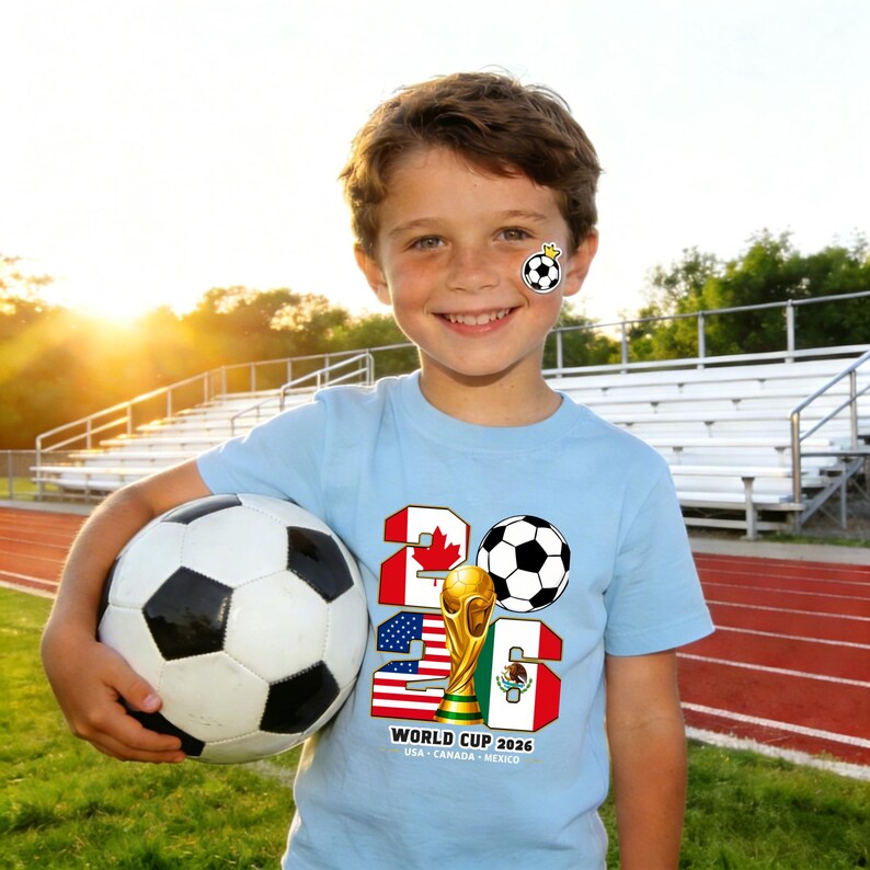 May include: A light blue t-shirt with the text "WORLD CUP 2026" and flags of USA, Canada, and Mexico. A soccer ball is held by a person. A soccer ball sticker is on the person's cheek.