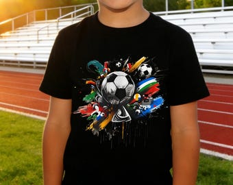 World Cup Soccer Shirt,Toddler Youth Football Tee,International Flags Fan Top,Graffiti Style Soccer Graphic,Kids Sports Tournament Wear