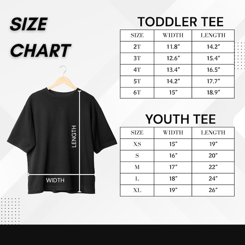 May include: A black t-shirt displayed on a hanger, with a size chart for toddler and youth tees. The chart lists sizes, widths, and lengths in inches. The text "SIZE CHART" is at the top left.
