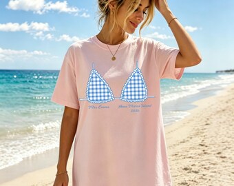 Custom Gingham Bikini Bachelorette Shirt,Personalized Bride Tribe Tee,Check Beach Bach Shirt,Destination Bridal Party Gift,Girls Trip Tee