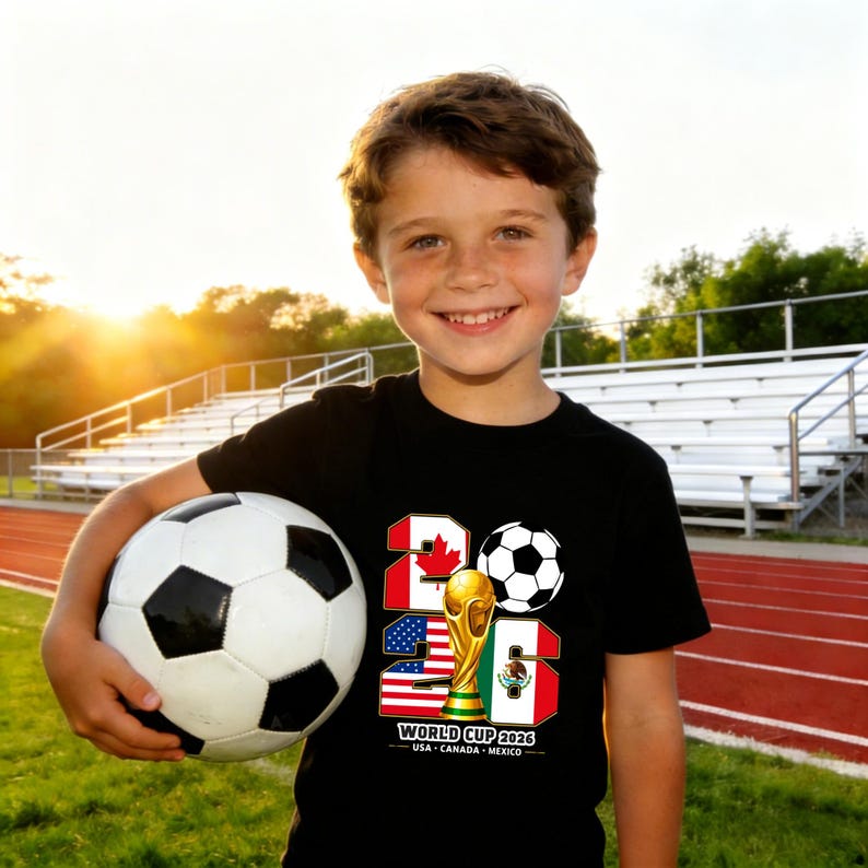 May include: A young person wearing a black t-shirt with a soccer ball and the text "2026 World Cup" with the flags of Canada, USA, and Mexico. The person is holding a soccer ball on a field.