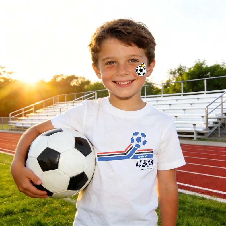 May include: A young person wearing a white t-shirt with a soccer ball graphic and the text "USA World Cup 26". They are holding a black and white soccer ball. A soccer ball face sticker is on their cheek.