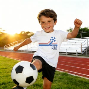 May include: A young person in a white t-shirt with a soccer ball graphic and the text "USA World Cup 98" is kicking a soccer ball on a green field. The shirt has a blue, red, and white design. The person is wearing black shorts.