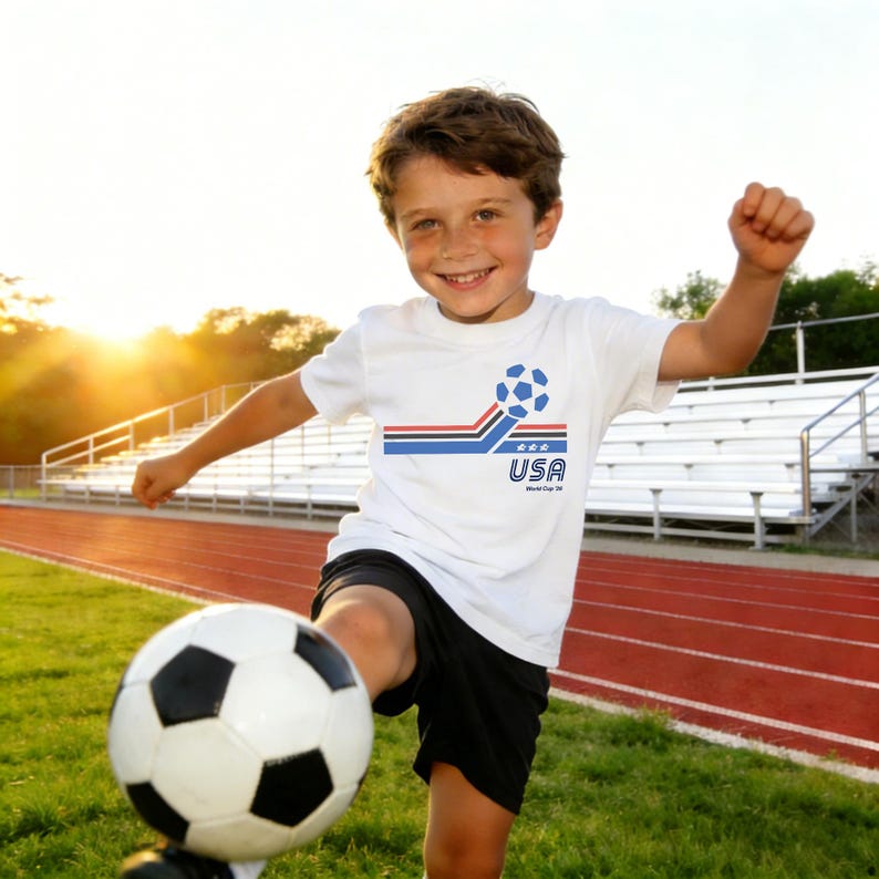 May include: A young person in a white t-shirt with a soccer ball graphic and the text "USA World Cup 98" is kicking a soccer ball on a green field. The shirt has a blue, red, and white design. The person is wearing black shorts.