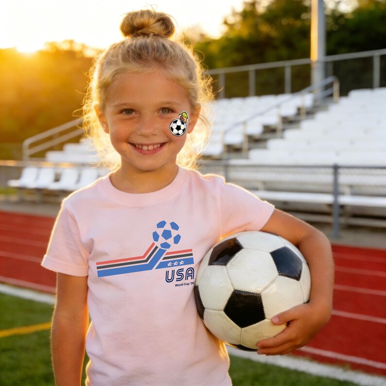 May include: A young girl smiles, holding a soccer ball. She wears a light pink t-shirt with a soccer ball graphic and the word "USA". A soccer ball sticker is on her cheek. The background includes a stadium and green field.