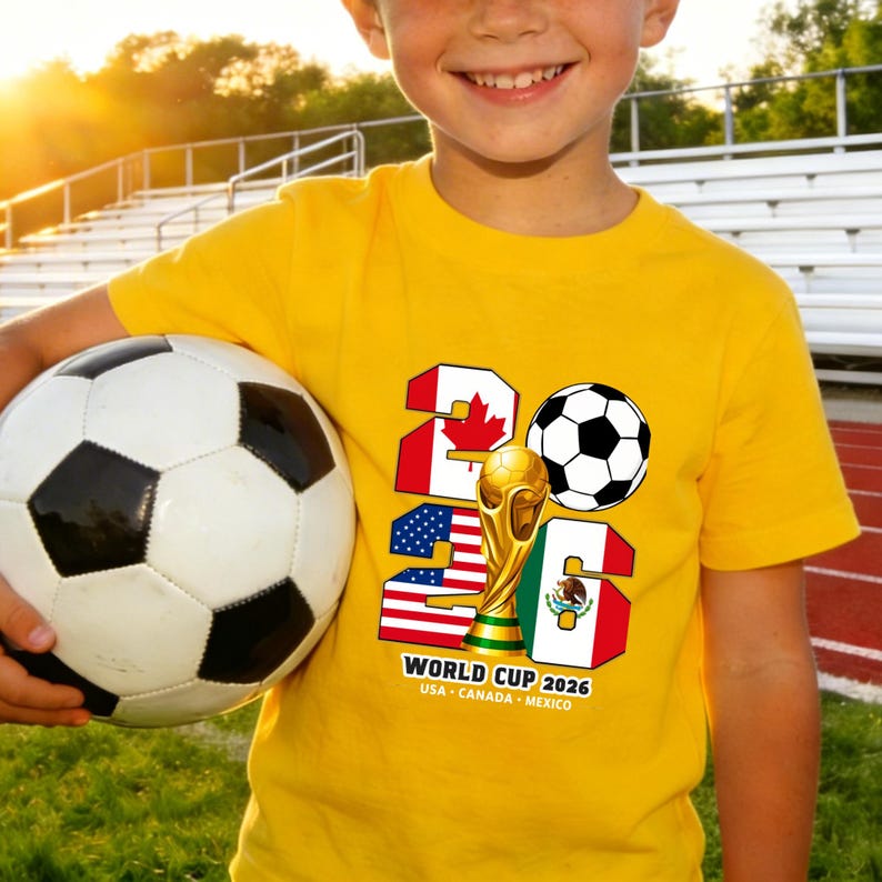 May include: A yellow t-shirt featuring a soccer ball and the text "2026 WORLD CUP" with flags of USA, Canada, and Mexico. The shirt is worn by a person holding a soccer ball.