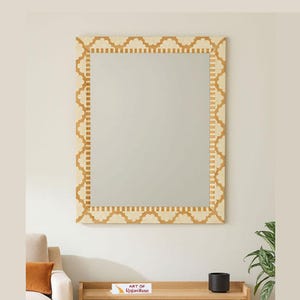 Yellow Bone Inlay Wall Mirror: Handmade Floral & Striped Frame