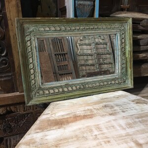 Rustic Green Carved Wood Mirror Frame – Vintage Indian Wall Decor – Distressed Reclaimed Wood Mirror – Boho Farmhouse Accent- Vintage Mirror