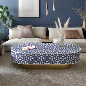 Bone Inlay Coffee Table: Lotus Floral Design, Metal Base - Boho Furniture