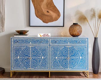 Handmade Blue Resin & Bone Inlay Sideboard Cabinet, Moroccan Floral Buffet, Inlay Credenza, Modern Indian Furniture