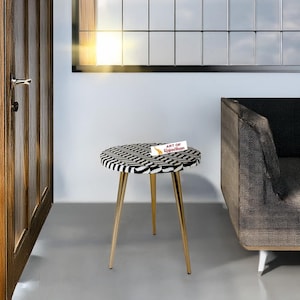 Bone Inlay Side Table: Black Checkered Boho Nightstand with Metal Legs