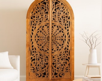 Armario de madera de mango tallado a mano / Mueble de dormitorio estilo boho indio