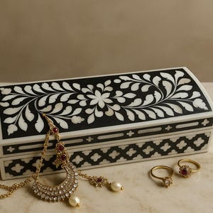 Schmuckschatulle mit schwarz-weißer Knocheneinlage | Indische Dekorative Aufbewahrungsbox | | Brautgeschenk| Geschenk für Paare