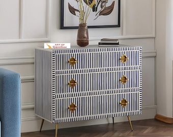 Commode 3 tiroirs en marqueterie d'os : commode cascade bohème faite main