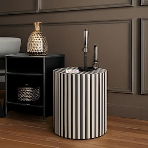 Bone Inlay Side Table: Black and White Striped Drum Table