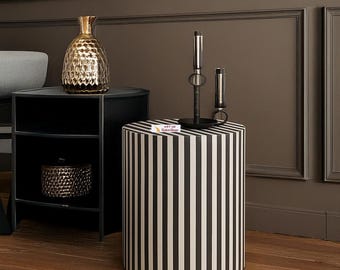 Handmade Round Bone Inlay Side Table, Black White Striped Resin Nightstand, Bedside Table, Accent End Table, Luxury Furniture
