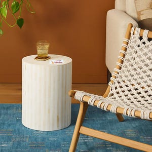 Handcrafted Bone Inlay Drum Side Table: Striped White & Ivory Accent Furniture
