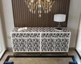 Handgefertigtes Sideboard aus Knochen mit Intarsien, Sonnenblumen-Design, Buffetschrank, Aufbewahrungseinheit, Eingangsbereich, Credenza