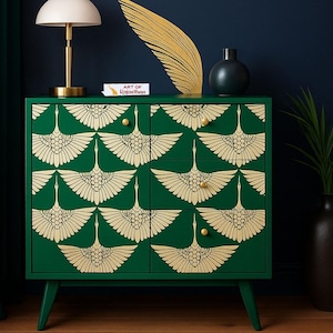 Bone Inlay Green Chest of Drawers: Handmade Crane Design Cabinet