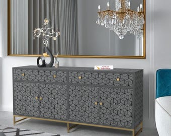 Aparador con incrustaciones de hueso: diseño geométrico, muebles con incrustaciones de MOP hechos a mano