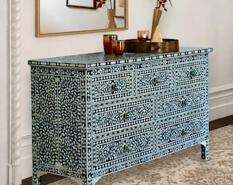 Handgefertigte Grüne Knochen Inlay Kommode mit 7 Schubladen, Kommode mit Knochen Inlay Sideboard, Anrichte, Luxus Aufbewahrungsmöbel