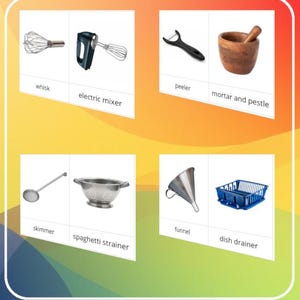 Könnte beinhalten: Eine Sammlung von Küchenutensilien, darunter Schneebesen, elektrischer Mixer, Schäler, Mörser und Stößel, Schaumlöffel, Spaghetti-Sieb, Trichter und Geschirrabtropfkorb. Jedes Werkzeug wird auf einer weißen Karte mit seinem Namen angezeigt.