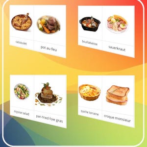 May include: A colorful image showcasing eight different French dishes. The dishes include cassoulet, pot au feu, bouillabaisse, sauerkraut, niçoise salad, pan-fried foie gras, quiche lorraine, and croque monsieur. Each dish is labeled with its name.