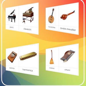 Montessori - Carte de nomenclature de 43 instruments de / Script et cursif