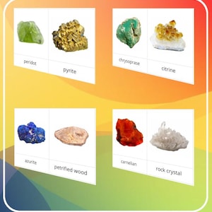 Peut inclure: Image présentant huit pierres précieuses différentes : péridot, pyrite, chrysoprase, citrine, azurite, bois pétrifié, cornaline et cristal de roche. Chaque pierre est affichée sur une carte blanche avec son nom en dessous.