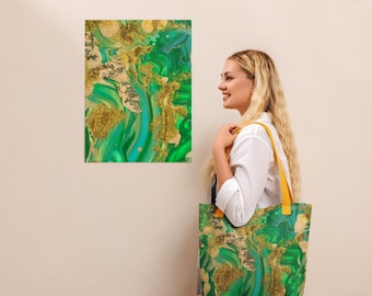 Torba na zakupy ze złotymi elementami, stylowa torba materiałowa na co dzień, torba z artystycznym wzorem, torba typu tote z wyrazistym wzorem