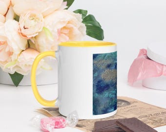 Ceramic coffee mug with abstract art print, mug with colored interior, Stay Strong collection, Give yourself strength mug